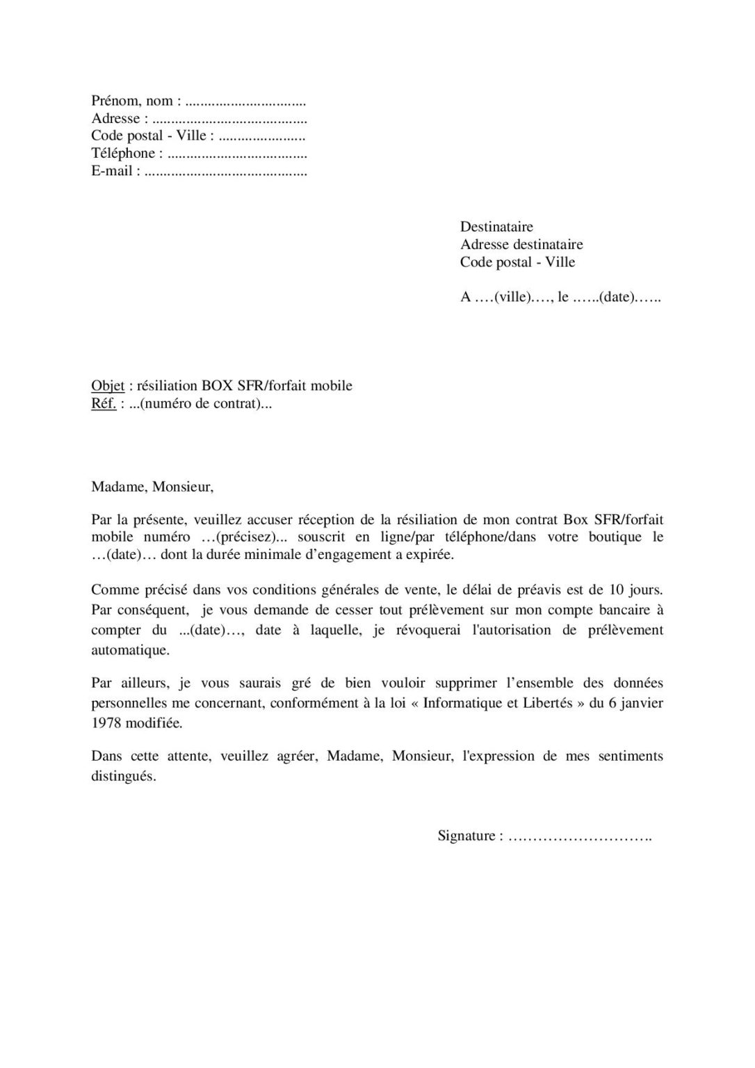 Modèle lettre de résiliation d'un contrat BOX SFR forfait mobile SFR