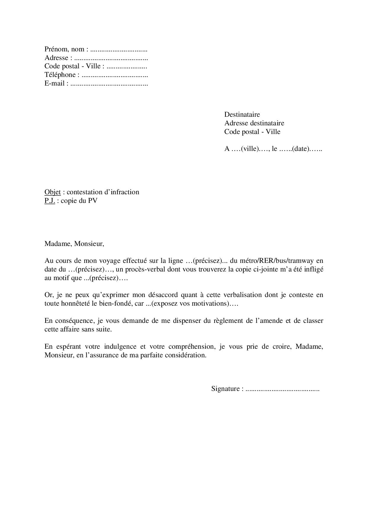 Modèle de lettre de contestation et d'annulation d’une amende RATP