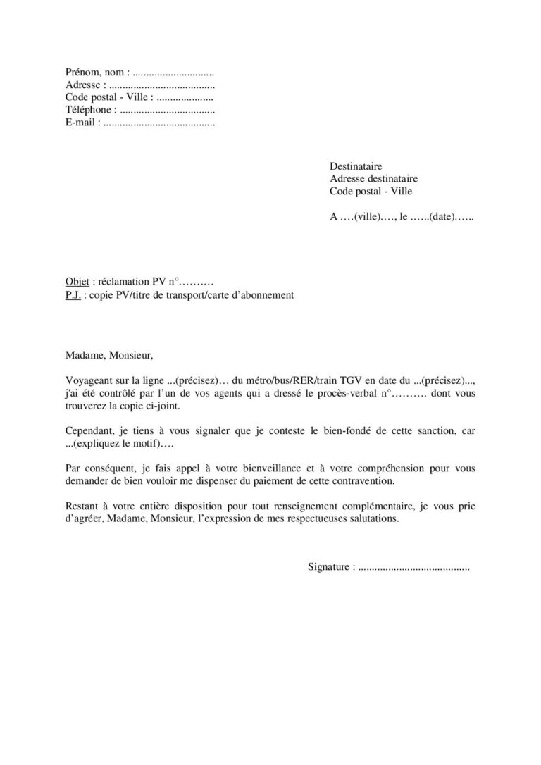 Modèle de lettre de réclamation pour une contravention SNCF ou RATP